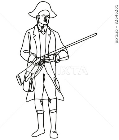 American Patriot Revolutionary Soldier with Musket Rifle Front View Continuous Line Drawing American Patriot Revolutionary Soldier with Musket Rifle Front View Continuous Line Drawing 82646201