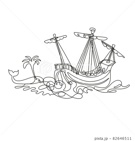 Galleon or Tall Ship Sailing with Whale Continuous Line Drawing 82646511