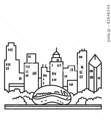 Chicago Downtown Skyline with the Bean or Cloud Gate Sculpture on Park Grill Lake Michigan Illinois USA Mono Line Art Poster 82646544