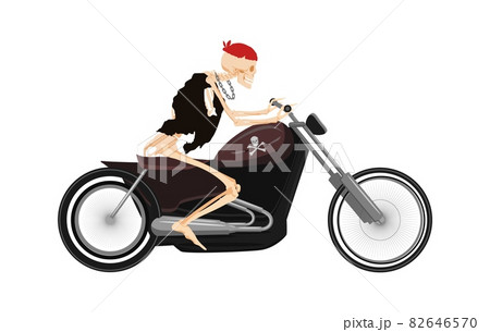 Skeleton biker on motorcycle. Dead man in bandana rushes on vintage chopper 82646570