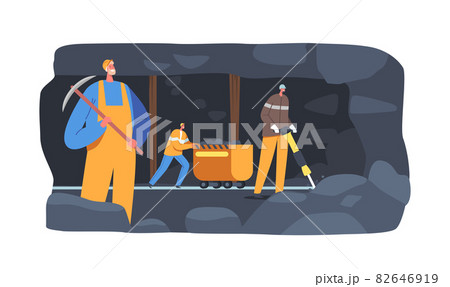 Extraction Industry Workers Characters in Uniform and Helmet at Coal Quarry Loading Fossils on Mine Trolley. Miner Work Extraction Industry Workers Characters in Uniform and Helmet at Coal Quarry Loading Fossils on Mine Trolley. Miner Work 82646919