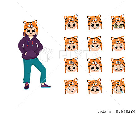 Boy in orange hat of tiger and head with different emotion. Children carnival party. Kids in costumes of animal for New year, Christmas or holiday and face with happy, sad or angry expression  82648234