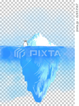 Icebergs and penguins floating in the sea 82653567