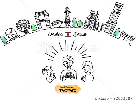 大阪の観光地街並みと家族とご当地グルメのシンプル線画セット 82653587