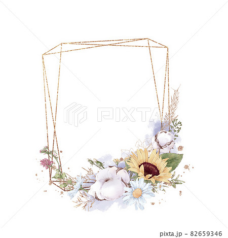 Set of sunflower in a gold frame. Watercolor illustration Set of sunflower in a gold frame. Watercolor illustration 82659346