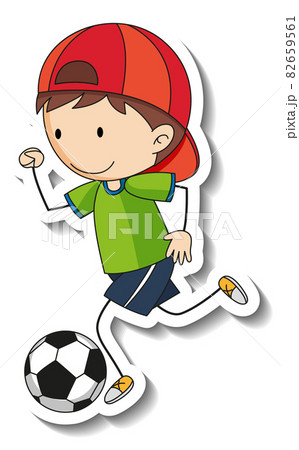 Sticker template with a boy playing football cartoon character isolated 82659561