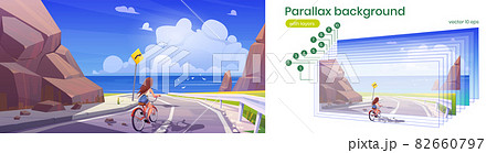 Parallax background with girl on bike and seascape Parallax background with girl on bike and seascape 82660797