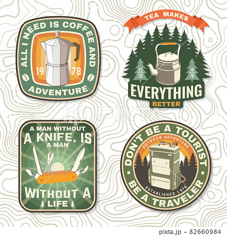 Set of travel inspirational quotes. Vector Concept for shirt or logo, print, stamp or tee. Design with retro camping tea kettle, pocket knife, geyser coffee maker and backpack silhouette Camping quote 82660984