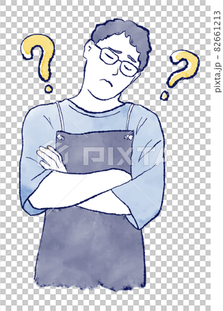 亞洲男人戴眼鏡，圍裙彎脖子，水彩手繪上半身圖）問號，我不知道，哈特納馬克 82661213