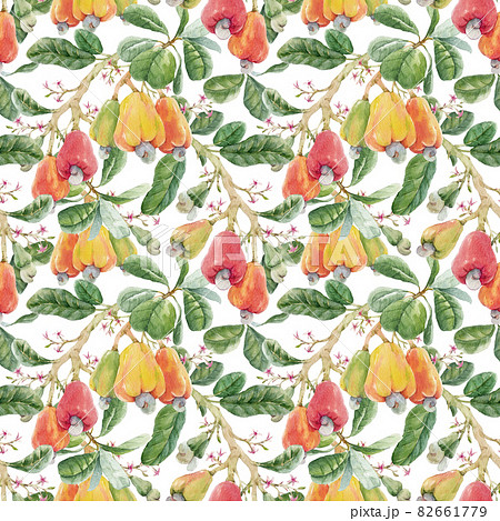 Beautiful seamless pattern with watercolor hand drawn branches with colorful cashew nuts small flowers and green leaves. Stock illustration. Beautiful seamless pattern with watercolor hand drawn branches with colorful cashew nuts small flowers and green leaves. Stock illustration. 82661779