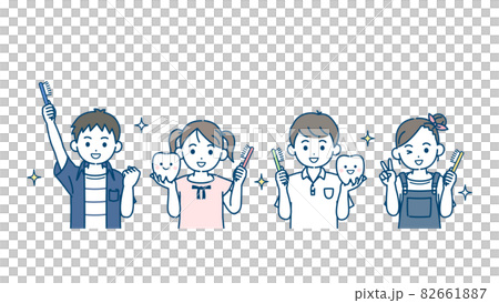 Energetic children brushing their teeth Elementary school students Challenge with a toothbrush Illustration material 82661887