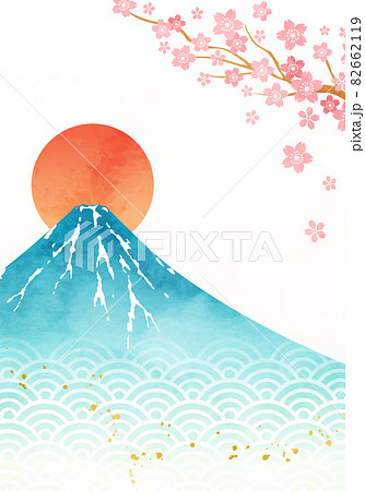 桜と富士山と初日の出の水彩画のベクターイラスト背景のイラスト素材