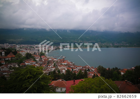 Panoramic aerial view to Ohrid lake and city from Samuels Fortress, North Macedonia Panoramic aerial view to Ohrid lake and city from Samuels Fortress, North Macedonia 82662659