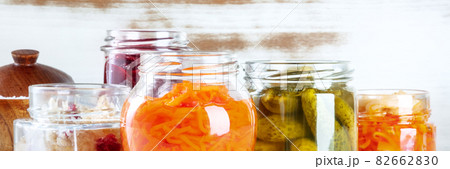Fermented, probiotic foods panorama. Canned vegetables panoramic header Fermented, probiotic foods panorama. Canned vegetables panoramic header 82662830