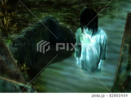水の中から出てくる女性の幽霊の緑色のイラストのイラスト素材