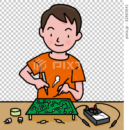 電子工作で基盤にハンダ付けする少年 82663641
