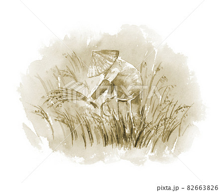 稲刈りをする人 セピア色のイラストのイラスト素材 6636