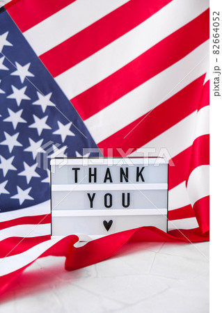 American flag. Lightbox with text THANK YOU Flag of the united states of America. July 4th Independence Day. USA patriotism national holiday. Usa proud. 82664052