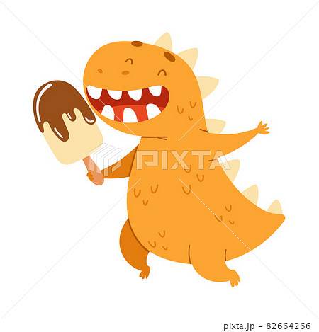 Funny toothy dinosaur eating ice cream. Kids t-shirt print, books, stickers, posters design vector illustration Funny toothy dinosaur eating ice cream. Kids t-shirt print, books, stickers, posters design vector illustration 82664266