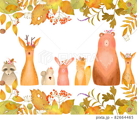 北欧風オシャレな秋の植物や森の動物の白バックフレームのイラストのイラスト素材