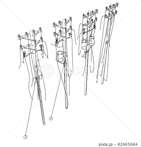 Contour of destroyed power lines from black isolated on white background. Isometric view. Vector illustration Contour of destroyed power lines from black isolated on white background. Isometric view. Vector illustration 82665684