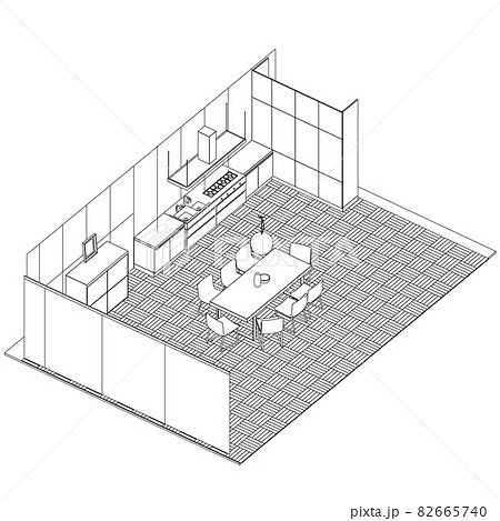 Contour of kitchen interior isolated on white background. Isometric view. Vector illustration 82665740