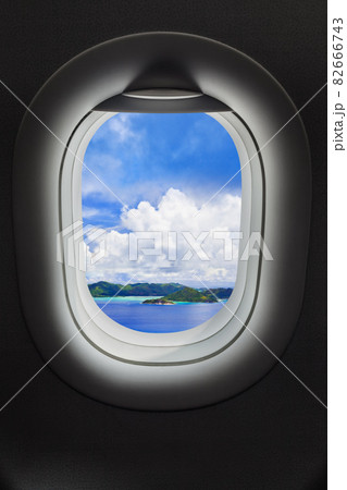 Island Praslin at Seychelles in airplane window Island Praslin at Seychelles in airplane window 82666743