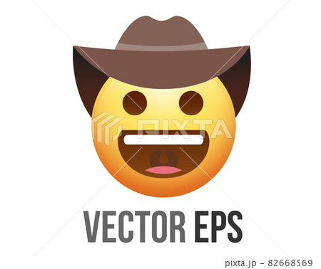 vector gradient yellow smiling face icon with brown leather cowboy hat and white teeth 82668569