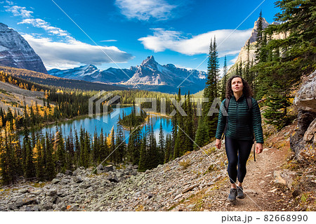 Adventurous Caucasian Woman Hiking on a Trail Adventurous Caucasian Woman Hiking on a Trail 82668990