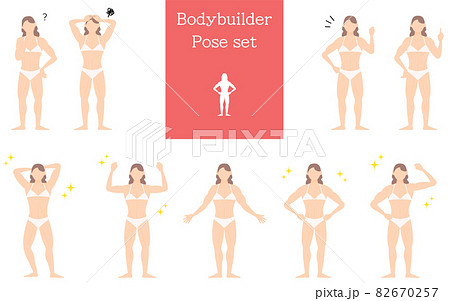 ボディビルダー女性のポージング、疑問・悩む・ガッツポーズ・指さしの