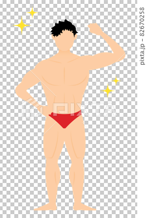 A male bodybuilder who makes a bicep with one hand and poses 82670258