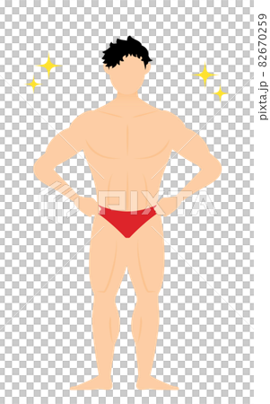 両手を腰に当ててポージングするボディビルダーの男性のイラスト素材