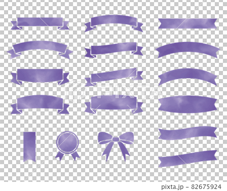 紫色のリボンのフレームセット　水彩風 82675924