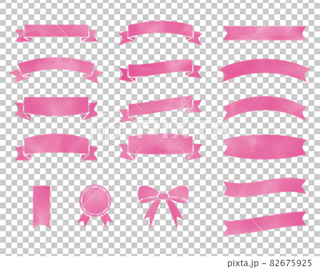 ピンク色のリボンのフレームセット　水彩風 82675925