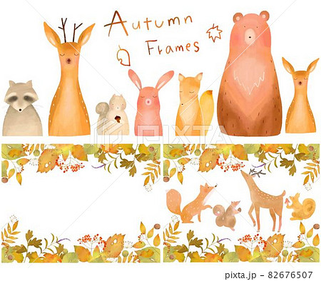 北欧風オシャレな秋の植物や森のかわいい動物の白バックフレームセットのイラストのイラスト素材