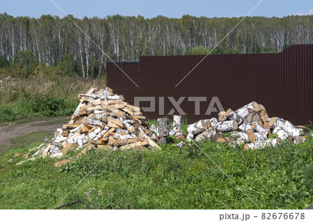 Chopped birch firewood in a heap near the fence. 82676678