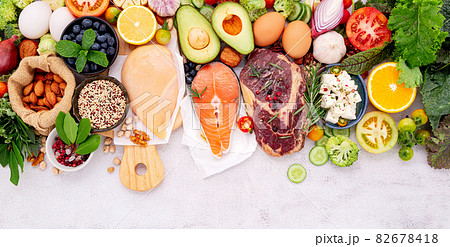 Ketogenic low carbs diet concept. Ingredients for healthy foods selection set up on white concrete background. 82678418