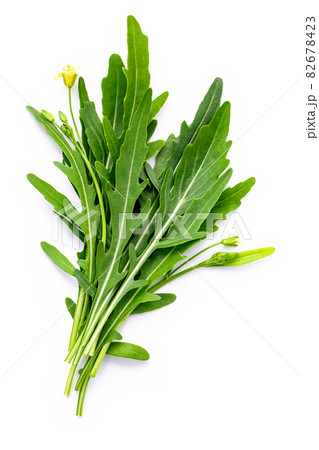 Arugula leaves isolated on white background. Closeup fresh wild rocket leaves on white background top view. 82678423