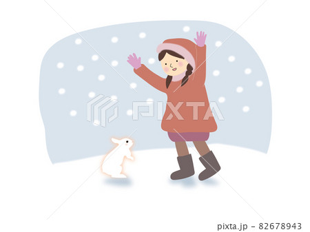 雪の中遊ぶ兎と女の子のイラスト素材 6743