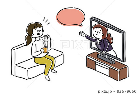 テレビから飛び出す女性と視聴中の女性のイラストのイラスト素材