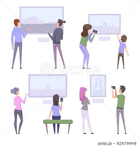 Art gallery visitors. Exhibition characters contemplating museum person exact vector people isolated on white Art gallery visitors. Exhibition characters contemplating museum person exact vector people isolated on white 82679948