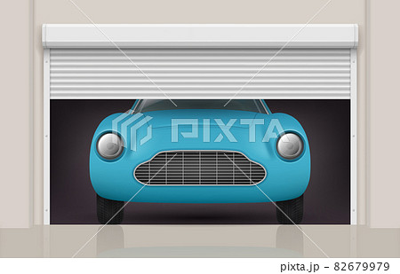 Car in garage. Roller doors at parking gates front view automobile decent vector realistic illustration 82679979