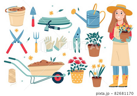 Gardening tools. Happy female gardener in work clothes holds flowers pot, wheelbarrow with earth, watering can and scissors, horticulture and planting instrument, vector cartoon flat isolated set 82681170