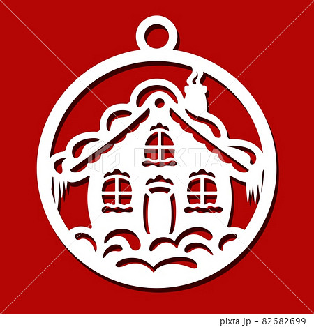 Silhouette of a Christmas ball with a house. Cozy snow-covered hut with windows and a door in a circle. Hanging decoration for New Year's holidays. Vector template for plotter laser cutting of paper. 82682699