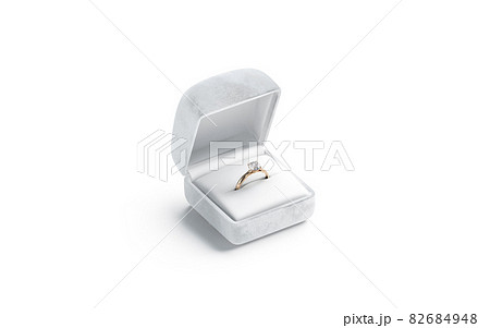 Blank white box with gold diamond ring stand mockup, isolated 82684948