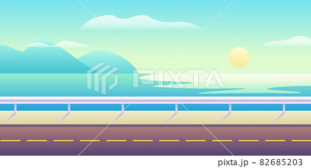 Highway on seaside. Asphalt road with markings along ocean coast colorful blue waves Highway on seaside. Asphalt road with markings along ocean coast colorful blue waves 82685203