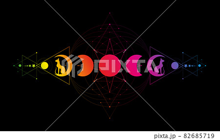Mystical Moon Phases, Sacred geometry. Triple moon and black cats, colorful spectrum pagan Wiccan goddess symbol, silhouette wicca banner sign, energy circle, vector isolated on black background 82685719