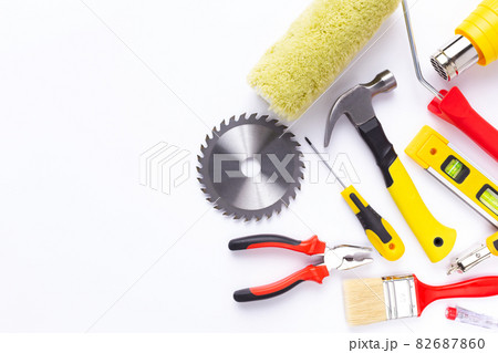 Construction tools at white background. Kit of work tool Construction tools at white background. Kit of work tool 82687860