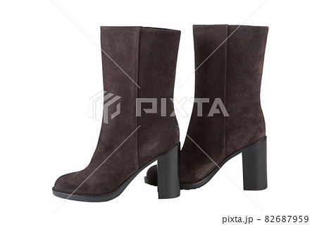 suede brown women's high-heeled boots, on white background 82687959