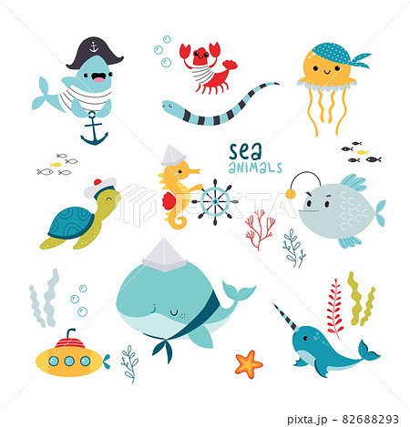 Cute Sea Animals in Striped Vest and Bandana Floating Underwater Vector Set 82688293